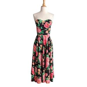 HOLLY SHARP Vintage 80s Floral Strapless MIDI Dress Full Circle Skirt Size Small